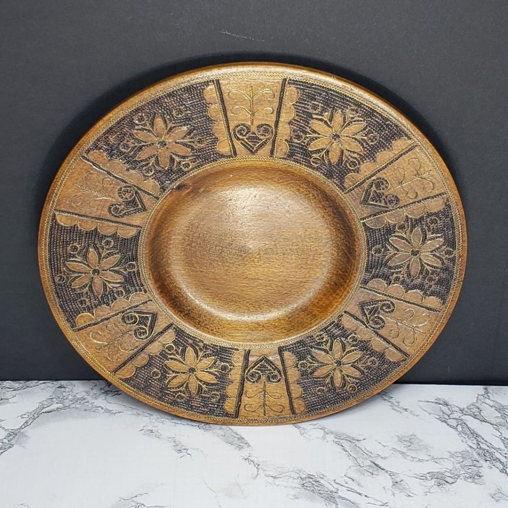 Handmade Krakow Poland Copper Inlayed Carved Wood Plate Vintage